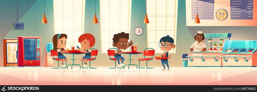 Children eat in school canteen. Vector cartoon illustration of cafeteria interior with tables, chairs, vending machine, water cooler, kids with food trays and staff at counter bar. Children eat in school canteen