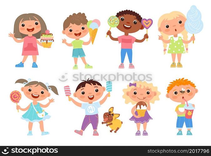 Children eat sweets. Cute funny kids hold different sugar foods, candies, ice cream and cotton candy, happy girls and boys with lollipops and cakes standing, vector cartoon flat style isolated set. Children eat sweets. Cute funny kids hold different sugar foods, candies, ice cream and cotton candy, happy girls and boys with lollipops and cakes standing, vector cartoon isolated set