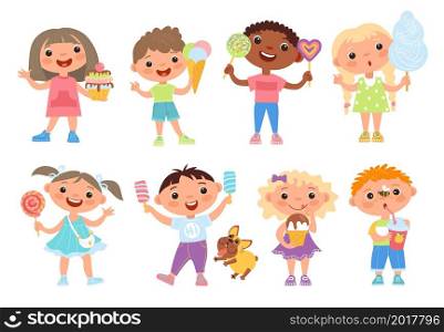 Children eat sweets. Cute funny kids hold different sugar foods, candies, ice cream and cotton candy, happy girls and boys with lollipops and cakes standing, vector cartoon flat style isolated set. Children eat sweets. Cute funny kids hold different sugar foods, candies, ice cream and cotton candy, happy girls and boys with lollipops and cakes standing, vector cartoon isolated set