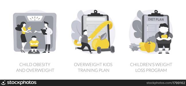 Children eating disorder abstract concept vector illustration set. Child obesity and overweight, overweight kids training plan, childrens weight loss program, unhealthy lifestyle abstract metaphor.. Children eating disorder abstract concept vector illustrations.