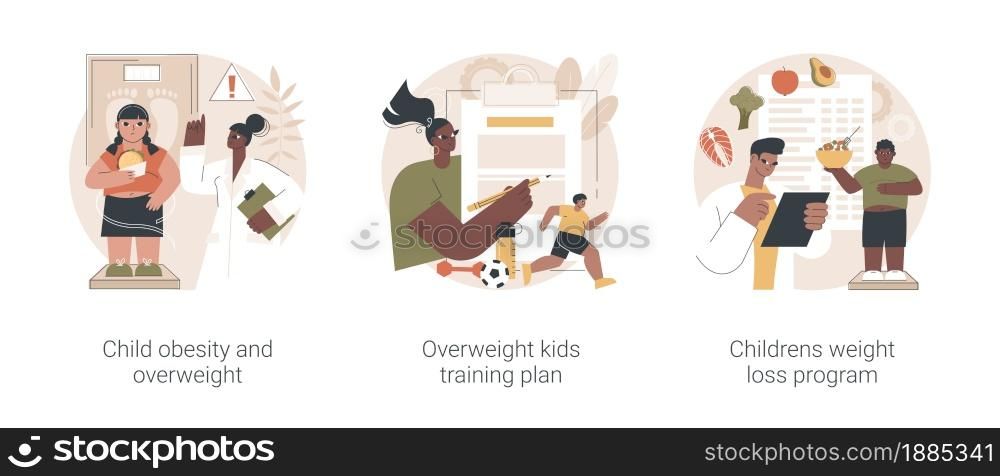 Children eating disorder abstract concept vector illustration set. Child obesity and overweight, overweight kids training plan, childrens weight loss program, unhealthy lifestyle abstract metaphor.. Children eating disorder abstract concept vector illustrations.