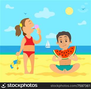 Children eating on beach vector, summer vacations of kids. Girl with ice cream frozen dessert holding toy in hand, boy enjoying big watermelon fruit, summertime. Girl on Beach Eating Ice Cream and Boy with Fruit