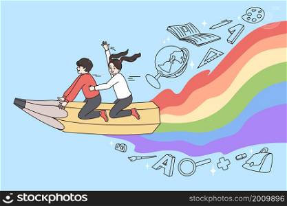 Children enjoying drawing and painting concept. Two friends kids boy and girl sitting on pencil with rainbow shadow flying over sky vector illustration . Children enjoying drawing and painting concept