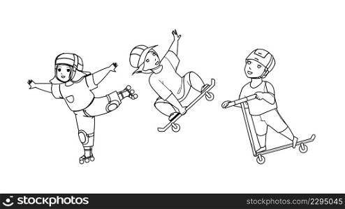 Children Enjoying In Extreme Skate Park Black Line Pencil Drawing Vector. Boy And Girl Kids Riding Skate Board, Rollers And Kick Scooter Together. Characters Infant Riders Active Sport Time. Children Enjoying In Extreme Skate Park Vector