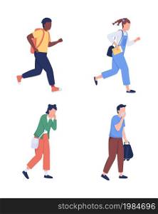 Children evacuating from building semi flat color vector characters set. Full body people on white. Chronic lateness isolated modern cartoon style illustrations for graphic design and animation. Children evacuating from building semi flat color vector characters set