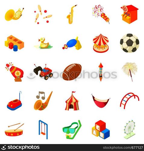 Children event icons set. Cartoon set of 25 children event vector icons for web isolated on white background. Children event icons set, cartoon style