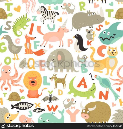 Children first abc seamless pattern with kids favorite funny animals pictures for each alphabet letter vector illustration. Children Alphabet Seamless Pattern