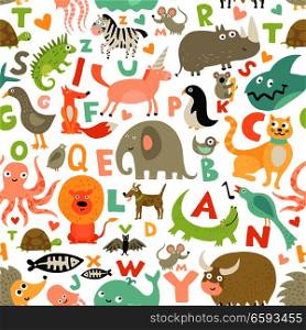 Children first abc seamless pattern with kids favorite funny animals pictures for each alphabet letter vector illustration. Children Alphabet Seamless Pattern