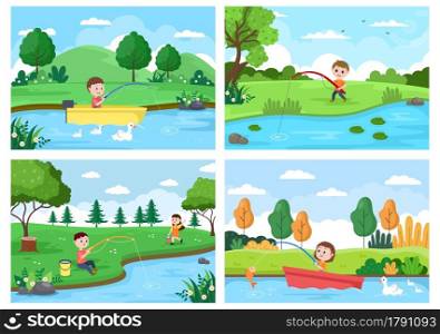 Children Fishing Fish By The River While Enjoying Quality Time At Summer Day With Hill Or Mountain View. Background Vector Illustration