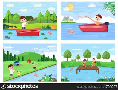 Children Fishing Fish By The River While Enjoying Quality Time At Summer Day With Hill Or Mountain View. Background Vector Illustration