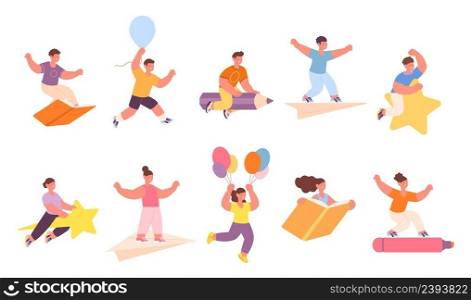 Children flying. Child fly, flight on book, pencil, star and paper plane. Cartoon ready to study kids, happy creative mind. Freedom vector characters. Illustration of student happy fly with books. Children flying. Child fly, flight on book, pencil, star and paper plane. Cartoon ready to study kids, happy creative mind. Freedom utter vector characters