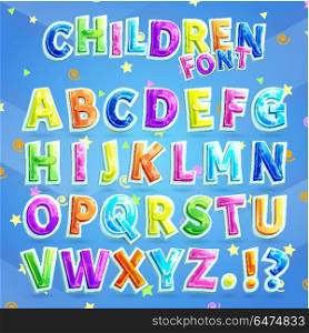 Children Font Illustration with Blue Background. Children font vector illustration with blue background. Colorful capital letters alphabet for kids along with question and exclamation marks
