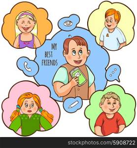 Children Friendship Cartoon Concept. Child and their amity and communication with best friend text color cartoon concept vector illustration