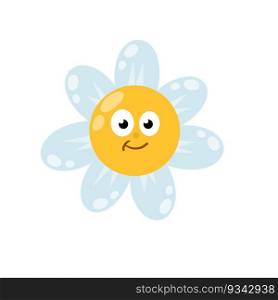 Children funny drawing. Beautiful plant. Cartoon flat illustration. Blue flower with cute face and yellow center.