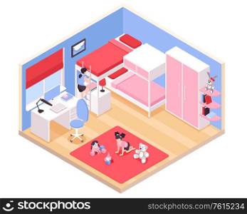 Children girls room interior isometric view with red carpet bunk bed pink wardrobe closet desk toys vector illustration