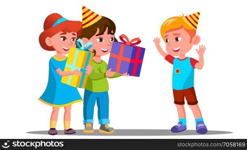 Children Give Birthday Gifts To A Friend Vector. Illustration. Children Give Birthday Gifts To A Friend Vector. Isolated Illustration
