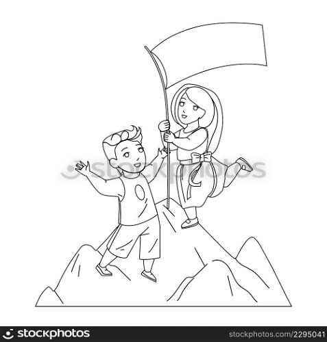 Children Goal And Successful Achievement Black Line Pencil Drawing Vector. Cheerful Boy And Girl Installing Flag On Mountain Peak, Childhood Success Done Goal. Characters Schoolboy And Schoolgirl. Children Goal And Successful Achievement Vector