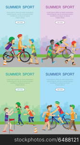 Children Going in for Sport Web Banner Poster Set. Summer sport banners set. Children going in for sport. Teenagers on playground of the city. Boy skateboarding, roller skate, guy with bike and runner. Active way of life concept. Sportive kids. Vector