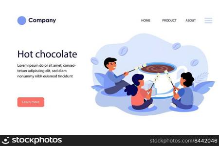 Children grilling marshmallow over cup of hot chocolate. Coffee, mug, company of friend flat vector illustration. Dessert, kids menu concept for banner, website design or landing web page