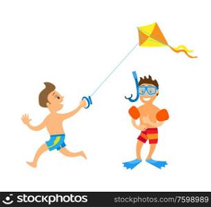 Children having fun at beach vector, boy running with kite and watching on paper object. Kiddo wearing special equipment for snorkelling and diving. Kids on Beach, Vacation of Children Boys Isolated