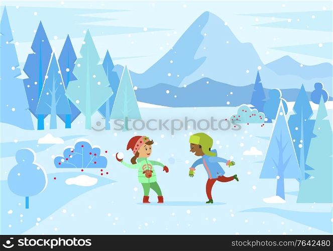 Children having fun at winter park. Boy and girl playing snowball fight outdoors. Kids wearing warm clothes throwing balls made of snow. Game of siblings at holidays or vacations, vector in flat. Boy and Girl Playing Snowball Fight in Winter