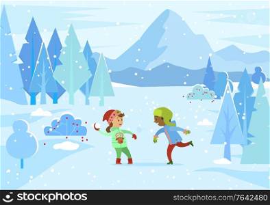 Children having fun at winter park. Boy and girl playing snowball fight outdoors. Kids wearing warm clothes throwing balls made of snow. Game of siblings at holidays or vacations, vector in flat. Boy and Girl Playing Snowball Fight in Winter