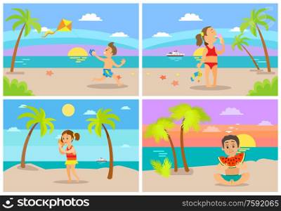 Children having fun by seaside vector, kids playing at beach. Boy eating watermelon sitting on sand, girl listening to seashell, child with kite, ice cream. Kids at Beach Seaside Coastal Vacations Flat Style