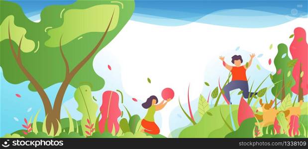 Children Having Fun in Park or Forest Cartoon. Boy and Girl Play Ball Enjoying Summer Vacation. Kids and Dog on Nature. Natural Scenery. Happy and Fun Summertime. Vector Flat Illustration. Children Having Fun in Park or Forest Cartoon