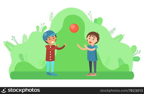 Children having fun in park vector, small kids with inflatable ball. Person throwing toy, entertainment in forest. Characters surrounded by foliage. Kids Playing with Inflatable Ball, Children Nature