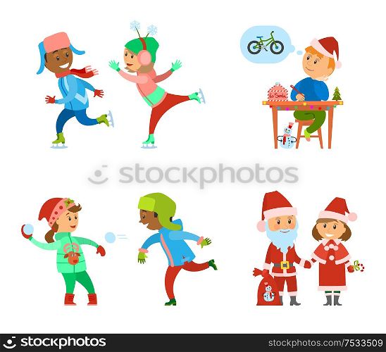 Children having fun on Christmas holidays days vector. Boy and girl on skating rink, kid writing letter to Santa Claus. Winter character with presents. Children Having Fun on Christmas Holidays Days