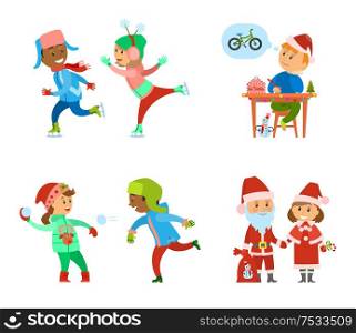 Children having fun on Christmas holidays days vector. Boy and girl on skating rink, kid writing letter to Santa Claus. Winter character with presents. Children Having Fun on Christmas Holidays Days