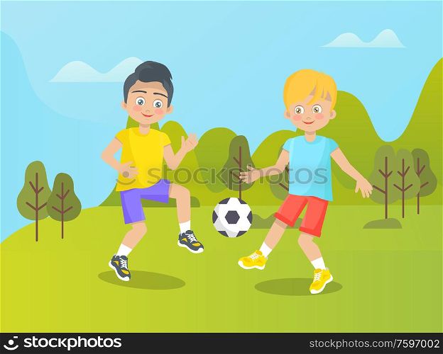 Children having fun outdoors vector, boys and kids on nature. Trees and clear sky, sports games on nature, football active lifestyle and happy childhood. Boys Playing Football on Nature, Summer Playground