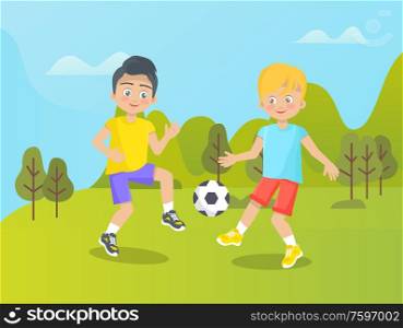 Children having fun outdoors vector, boys and kids on nature. Trees and clear sky, sports games on nature, football active lifestyle and happy childhood. Boys Playing Football on Nature, Summer Playground