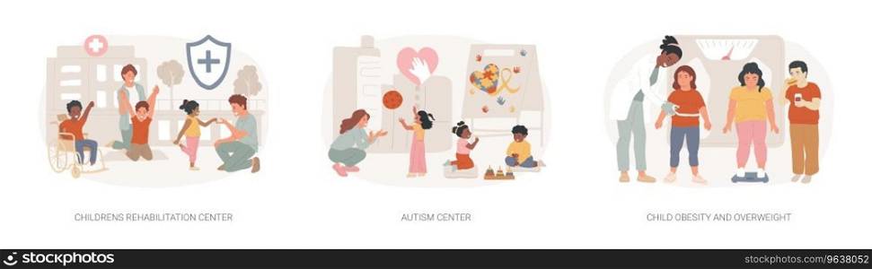 Children healthcare service isolated concept vector illustration set. Childrens rehabilitation center, autism center, child obesity and overweight, special needs pediatric help vector concept.. Children healthcare service isolated concept vector illustration set.