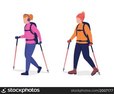 Children hiking in winter semi flat color vector character set. Posing figure. Full body people on white. Outdoor recreation isolated modern cartoon style illustration for graphic design and animation. Children hiking in winter semi flat color vector character set