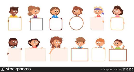 Children holding placards. Kids hold cards, youngs characters with blank poster boards. Cute funny boys girls, isolated students decent vector set. Girl and boy with placard and banner. Children holding placards. Kids hold cards, youngs characters with blank poster boards. Cute funny boys girls, isolated students decent vector set