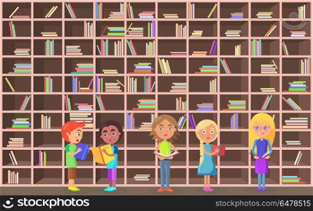 Children Holds Literature on Library Background. Five schoolchildren holds literature on library background vector illustration. Brown shelves with color books in big bookcase