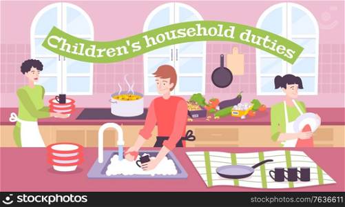 Children household duties flat composition with girl helping her parents to wash dishes in kitchen vector illustration