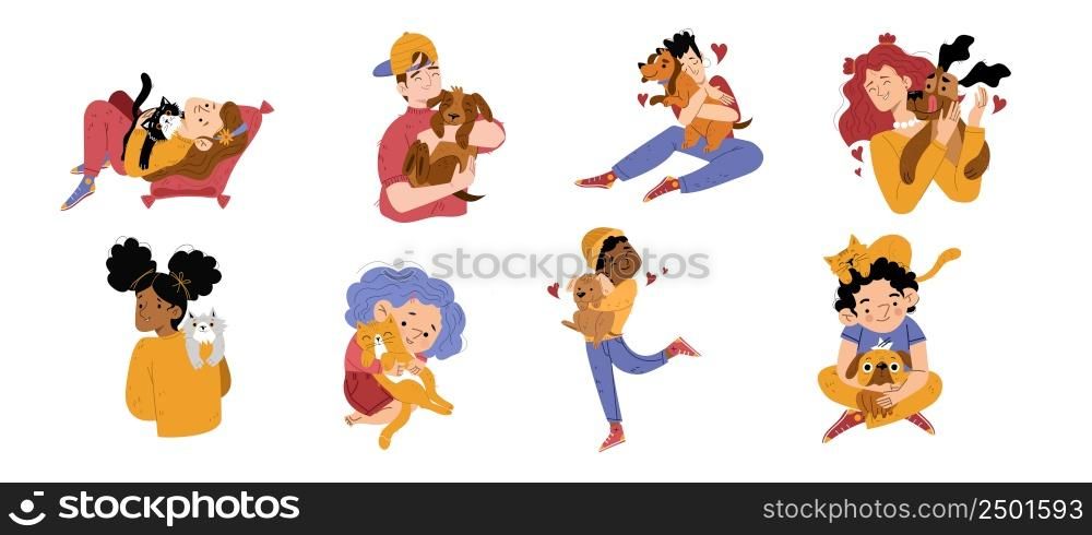 Children hug pets, boys and girls holding dogs and cats on hands, having fun together. Teen or preteens diverse kids characters cuddle with home animals. Love, adoption Linear flat vector illustration. Children hug pets boys girls holding dogs and cats