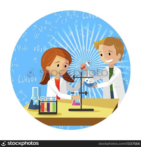 Children in Chemistry Class Making Experiments. Vector Illustration on Blue Background. Flat in White Round Frame. Happy Boy and Girl in White Coats Rejoice Experiments with Chemical Elements.
