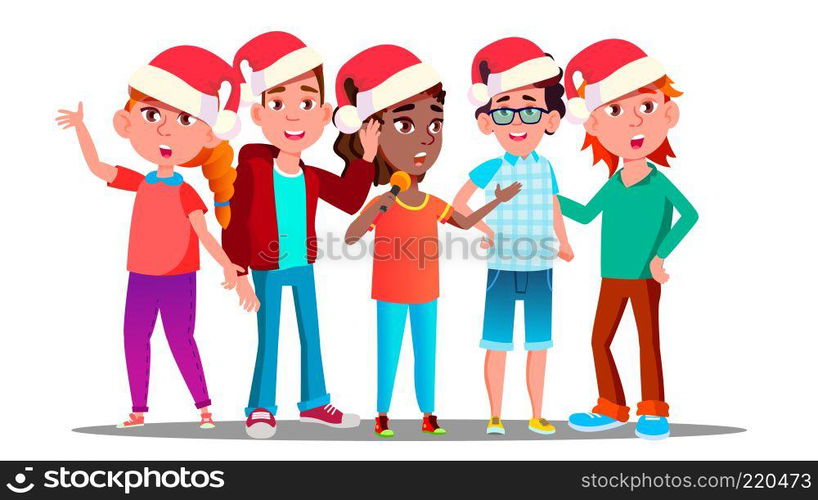 Children In Christmas Caps Singing Carol Vector. Isolated Illustration. Children In Christmas Caps Singing Carol Vector. Illustration