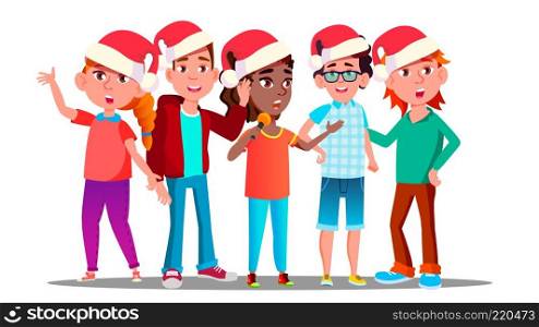 Children In Christmas Caps Singing Carol Vector. Isolated Illustration. Children In Christmas Caps Singing Carol Vector. Illustration