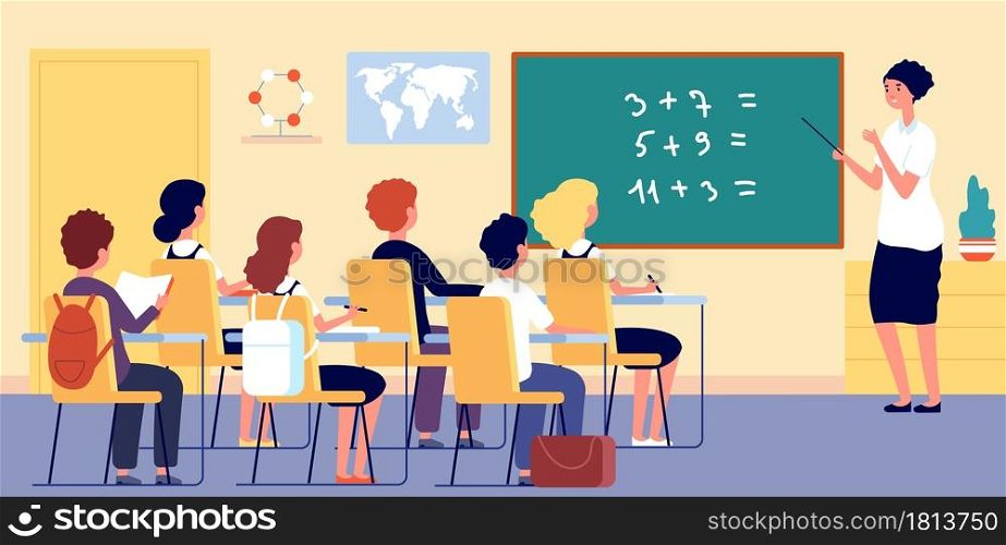 Children in classroom. School teacher, boy girl on lesson in room. Math teaching, science and environment education vector illustration. Classroom education school, class boy and girl. Children in classroom. School teacher, boy girl on lesson in room. Math teaching, science and environment education vector illustration