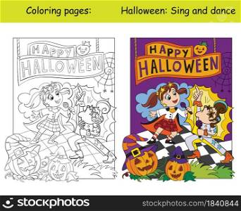Children in costumes of retro singers sing on stage. Halloween concept. Coloring book page for children with colorful template. Vector cartoon illustration. For print, decor, education and game.. Coloring and colorful Halloween children retro singers