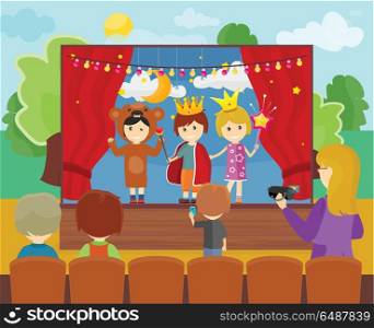 Children in Costumes Performing Theater. Three children in costumes performing theater play on stage. Little children dressed as a prince, princess and bear. Theatrical performance at kindergarten or school