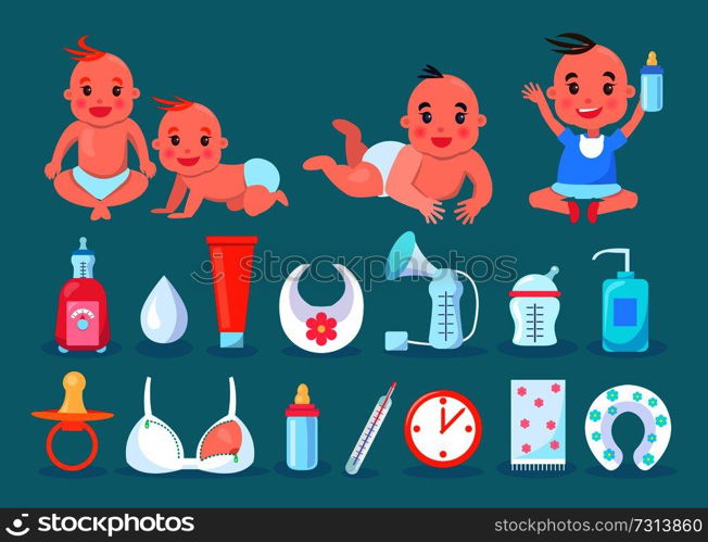 Children in diapers with bottle, kids and objects for care, tube and soother, dummy and clock, thermometer and bra isolated on vector illustration. Children in Diapers and Bottle Vector Illustration