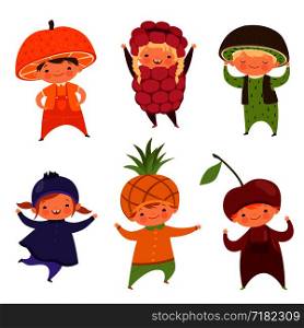 Children in fruit costumes. Vector pictures of various funny clothes for kids. Costume child fruit, raspberry and pineapple, cherry and currant illustration. Children in fruit costumes. Vector pictures of various funny clothes for kids
