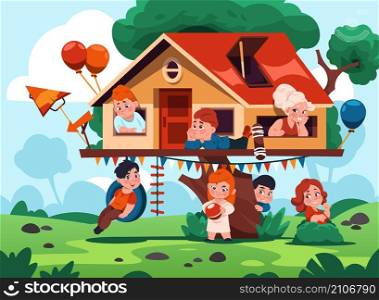 Children in house on tree. Cartoon cute and cozy kids playground with wooden shed on branch. Happy characters climbing and running. Boys and girls playing together in treehouse. Vector illustration. Children in house on tree. Cute and cozy kids playground with wooden shed on branch. Happy characters climbing and running. Boys and girls playing in treehouse. Vector illustration