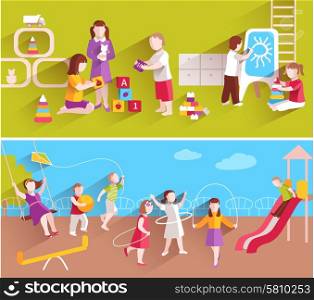 Children in kindergarten playing on ground and indoors horizontal banner set isolated vector illustration. Children In Kindergarten
