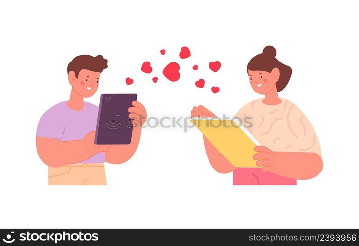 Children in love. Cute teens using tablet and smartphone. Digital friendship. Social media contacts, kids friends in internet vector characters. Illustration of love child, children in smartphone. Children in love. Cute teens using tablet and smartphone. Digital friendship. Social media contacts, kids friends in internet vector characters